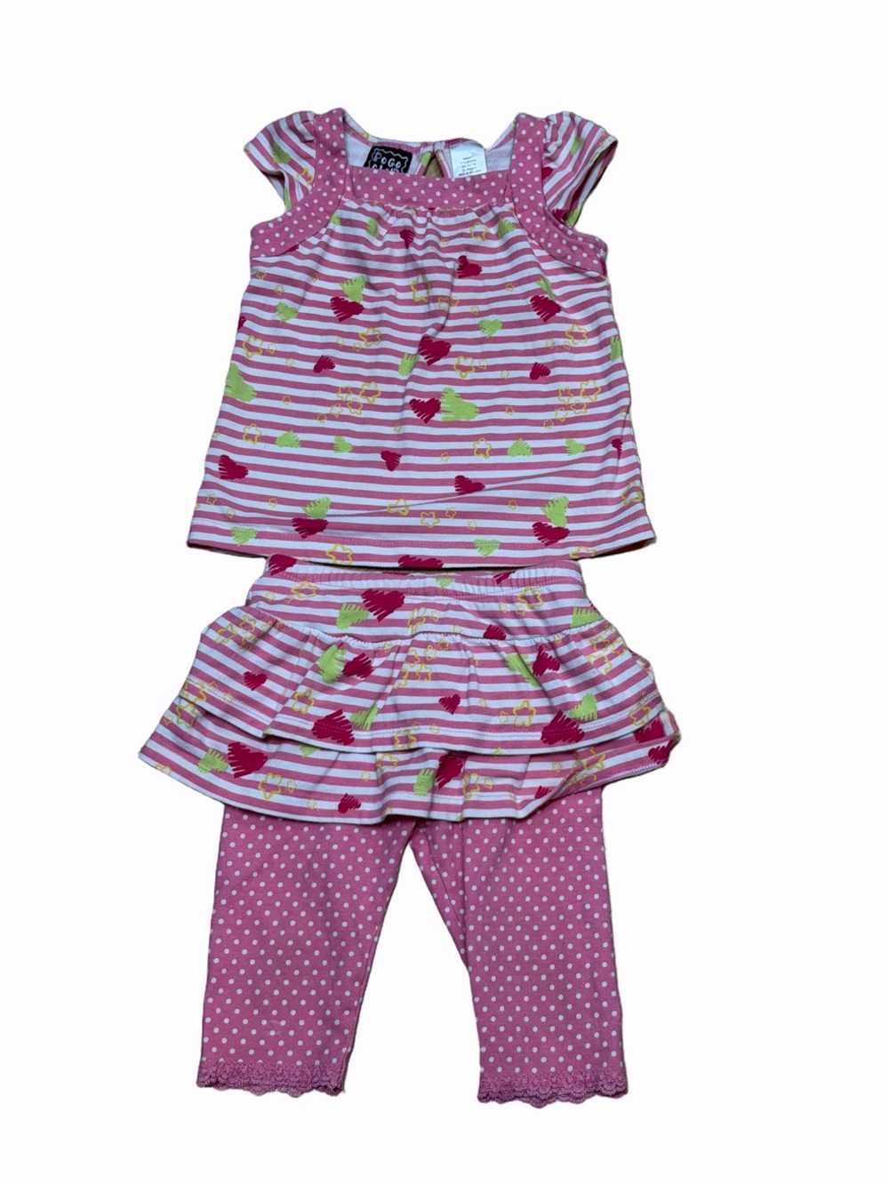 Pogo Club Girls 24M Pink Stripe Polka Dot 3 Piece Top Skort Leggings Outfit Set